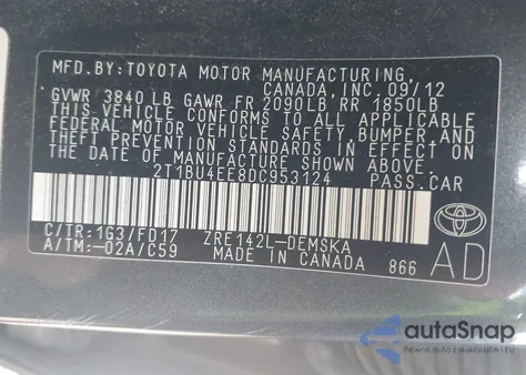2013 Toyota Corolla S from USA, damaged, VIN 2T1BU4EE8DC953124